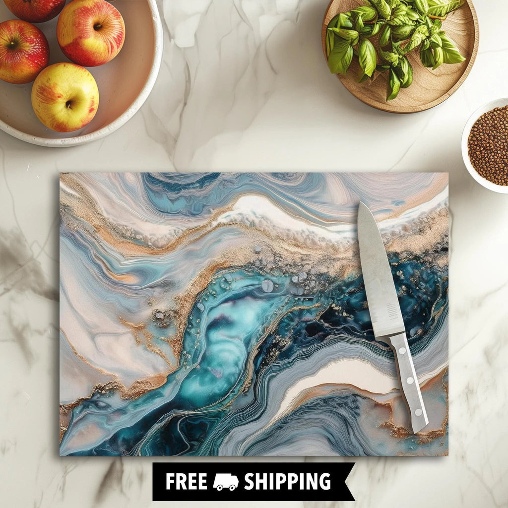 Ocean Wave FAUX Marble Tempered Glass Cutting Board, Marble Decor, Charcuterie Board, Serving Tray, Hostess Housewarming, Challah Board