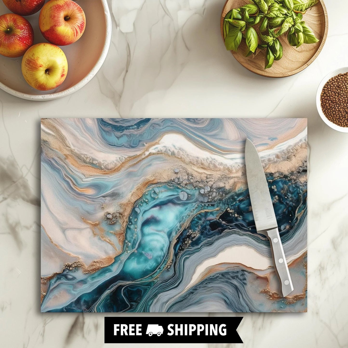 Ocean Wave FAUX Marble Tempered Glass Cutting Board, Marble Decor, Charcuterie Board, Serving Tray, Hostess Housewarming, Challah Board