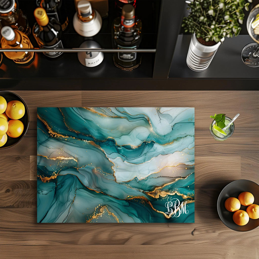 Teal & Gold FAUX Marble Tempered Glass Cutting Board, Marble Decor, Charcuterie Board, Serving Tray, Hostess Housewarming, Challah Board