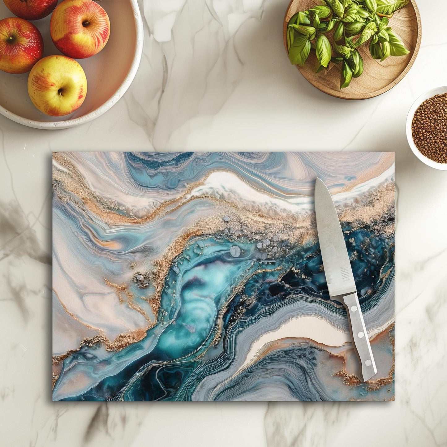 Ocean Wave FAUX Marble Tempered Glass Cutting Board, Marble Decor, Charcuterie Board, Serving Tray, Hostess Housewarming, Challah Board