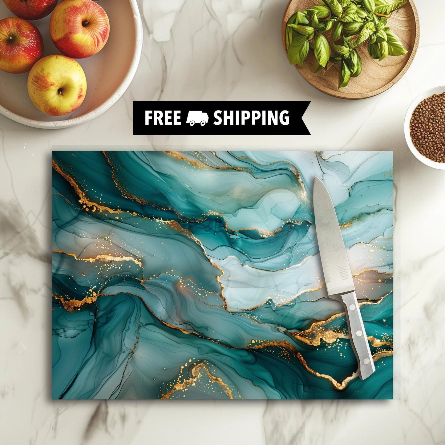 Teal & Gold FAUX Marble Tempered Glass Cutting Board, Marble Decor, Charcuterie Board, Serving Tray, Hostess Housewarming, Challah Board