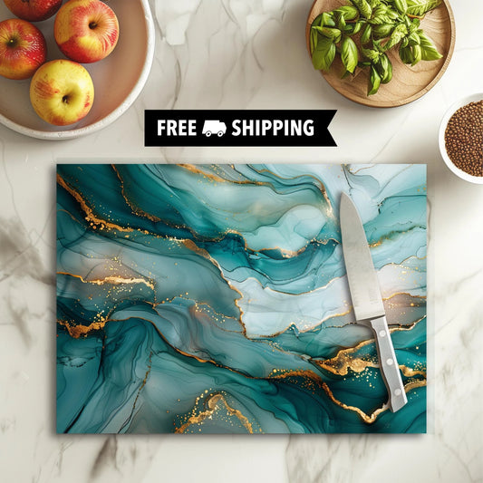 Teal & Gold FAUX Marble Tempered Glass Cutting Board, Marble Decor, Charcuterie Board, Serving Tray, Hostess Housewarming, Challah Board
