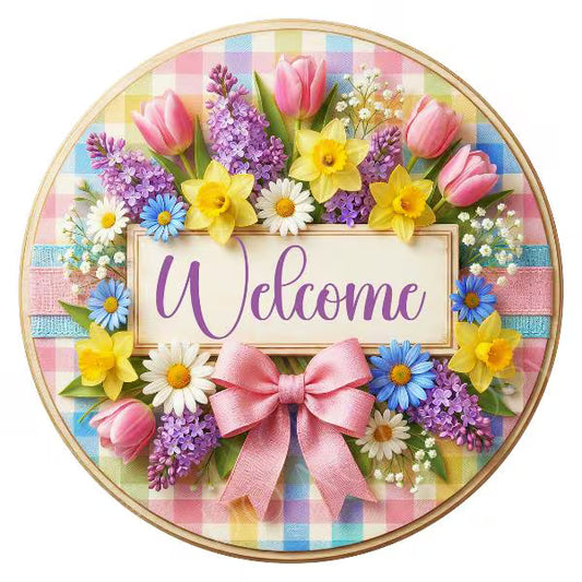 Welcome Spring Floral Wreath Sign, Round Metal Sign For Wreaths, Wreath Attachment, Spring Wreath Sign