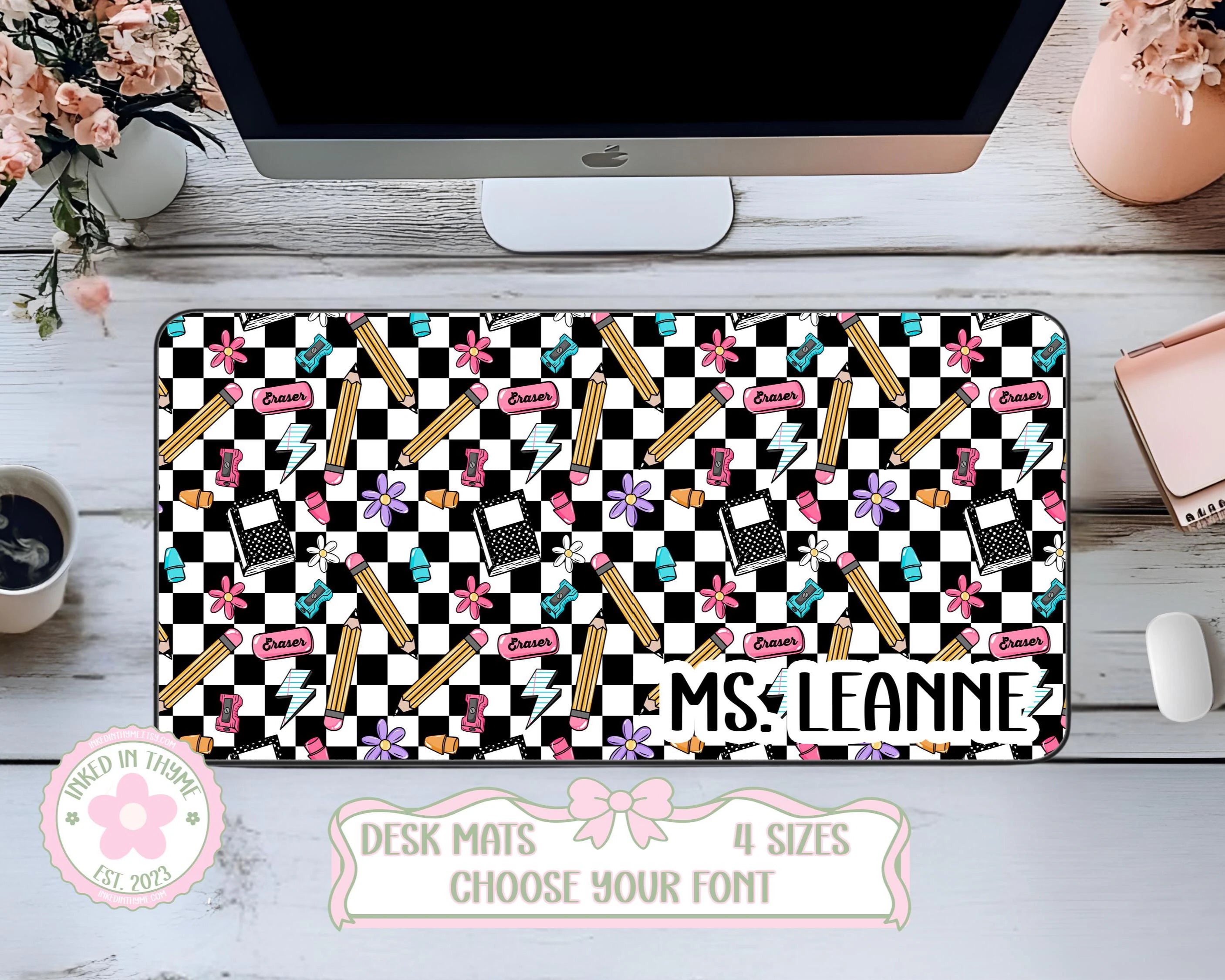 Custom Teacher Checkered Desk Mat, Large Mousepad, Co Worker Teacher Gift, Home Office Desk Supplies