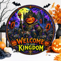 Welcome To Our Kingdom Wreath Sign, Round Metal Sign For Wreaths, Creepy Halloween Wreath Attachment, Halloween Fall Wreath Sign