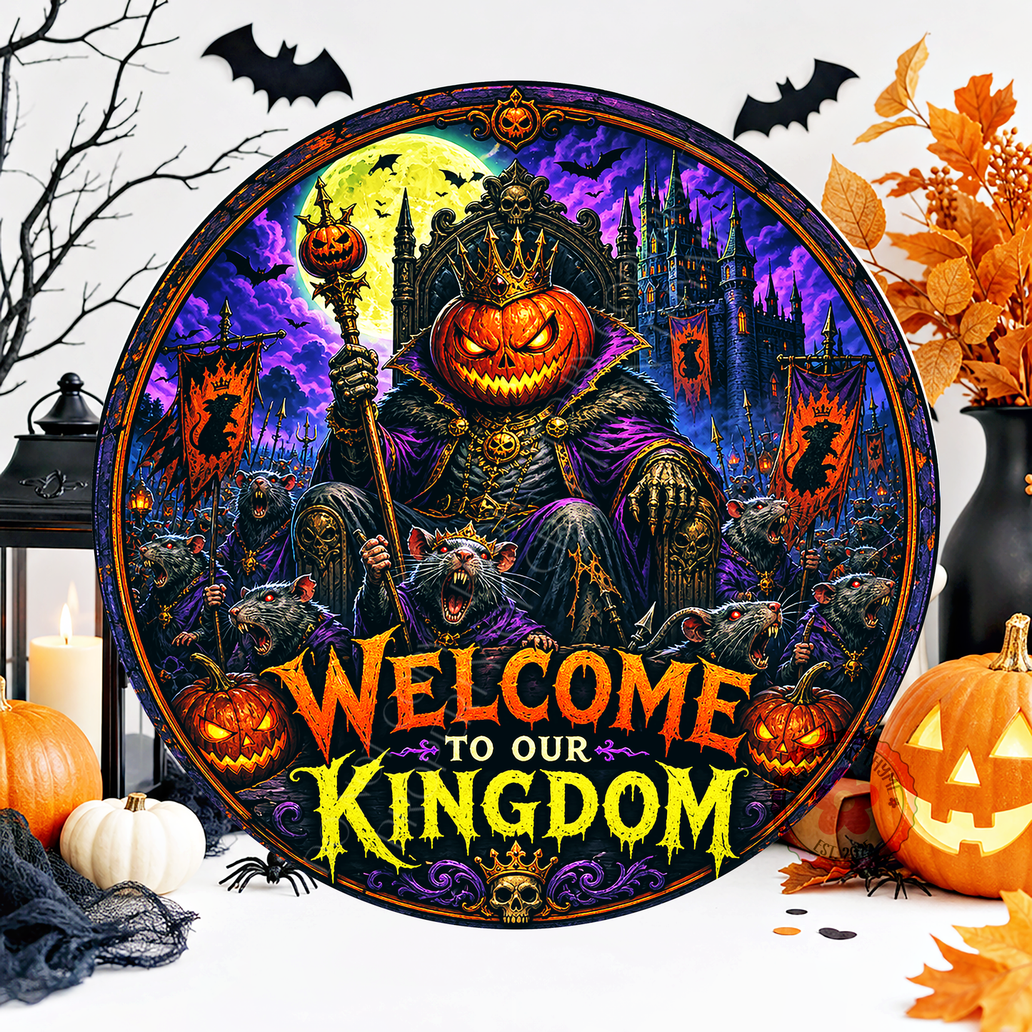 Welcome To Our Kingdom Wreath Sign, Round Metal Sign For Wreaths, Creepy Halloween Wreath Attachment, Halloween Fall Wreath Sign