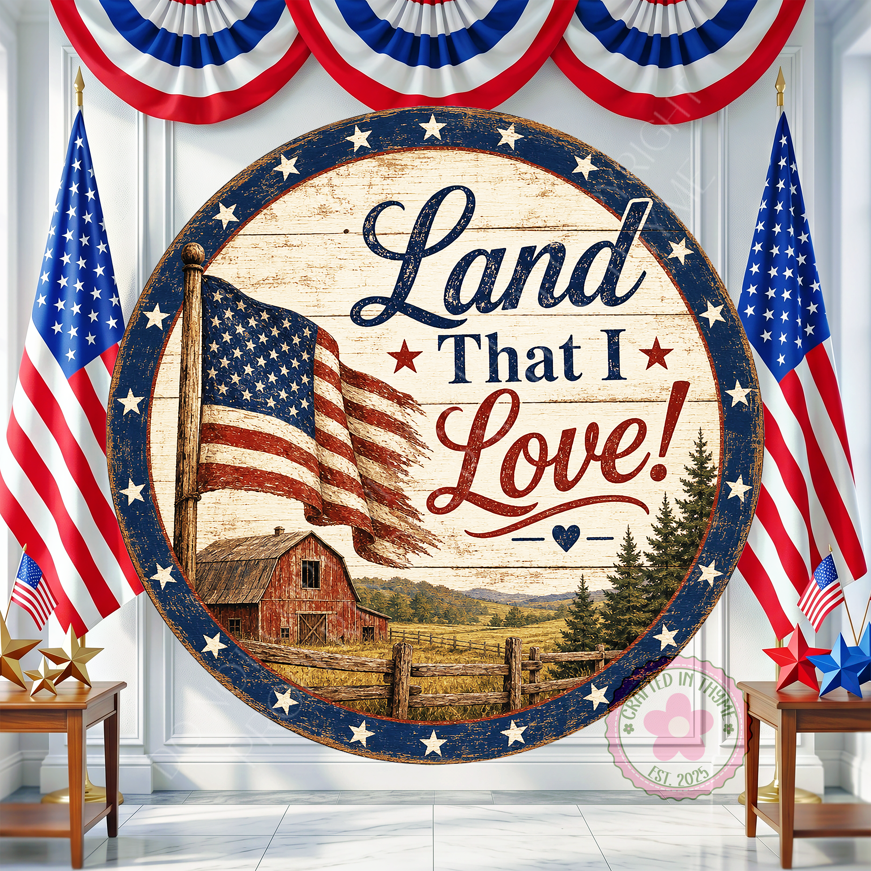 Land That I Love Wreath Sign, Round Metal Sign For Wreaths, Patriotic Eagle Wreath Attachment Insert
