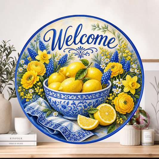 Lemon Welcome Wreath Sign: Round Metal Sign For Wreaths, Chinoiserie Decor