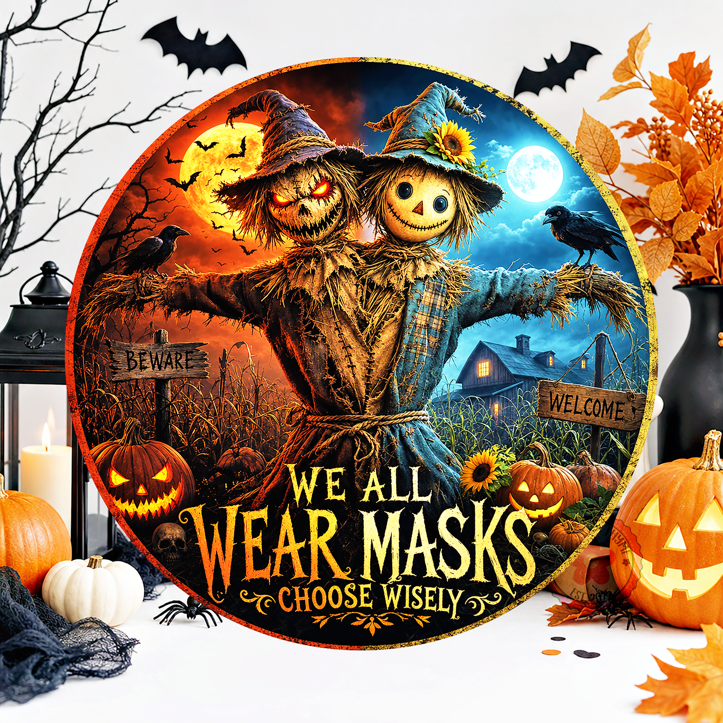 Good & Evil Scarecrows Wreath Sign, Round Metal Sign For Wreaths, Creepy Halloween Wreath Attachment, Halloween Fall Wreath Sign