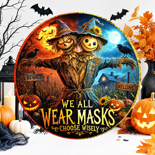 Good & Evil Scarecrows Wreath Sign, Round Metal Sign For Wreaths, Creepy Halloween Wreath Attachment, Halloween Fall Wreath Sign