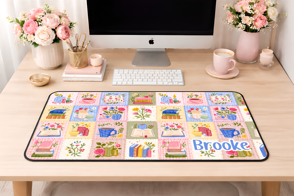 Custom Patchwork Bookish Desk Mat, Large Mousepad, Office Dorm Decor, Co Worker Teacher Gift, Home Office Desk Supplies