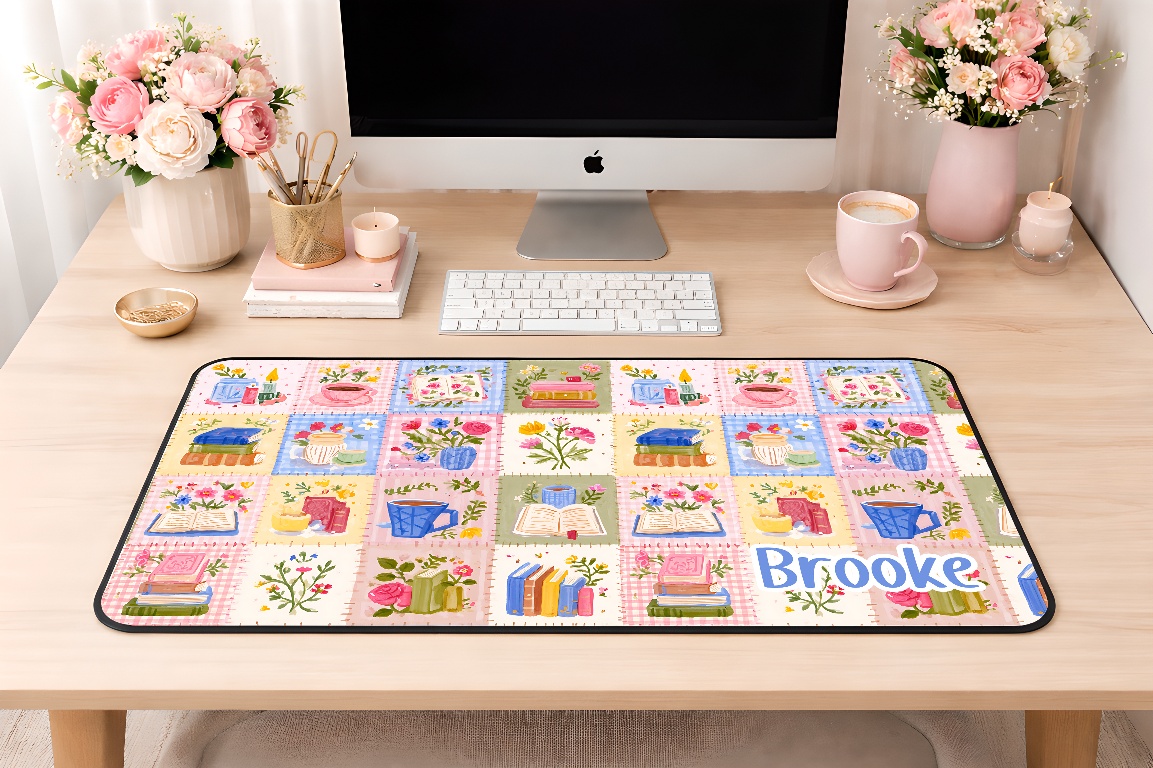 Custom Patchwork Bookish Desk Mat, Large Mousepad, Office Dorm Decor, Co Worker Teacher Gift, Home Office Desk Supplies