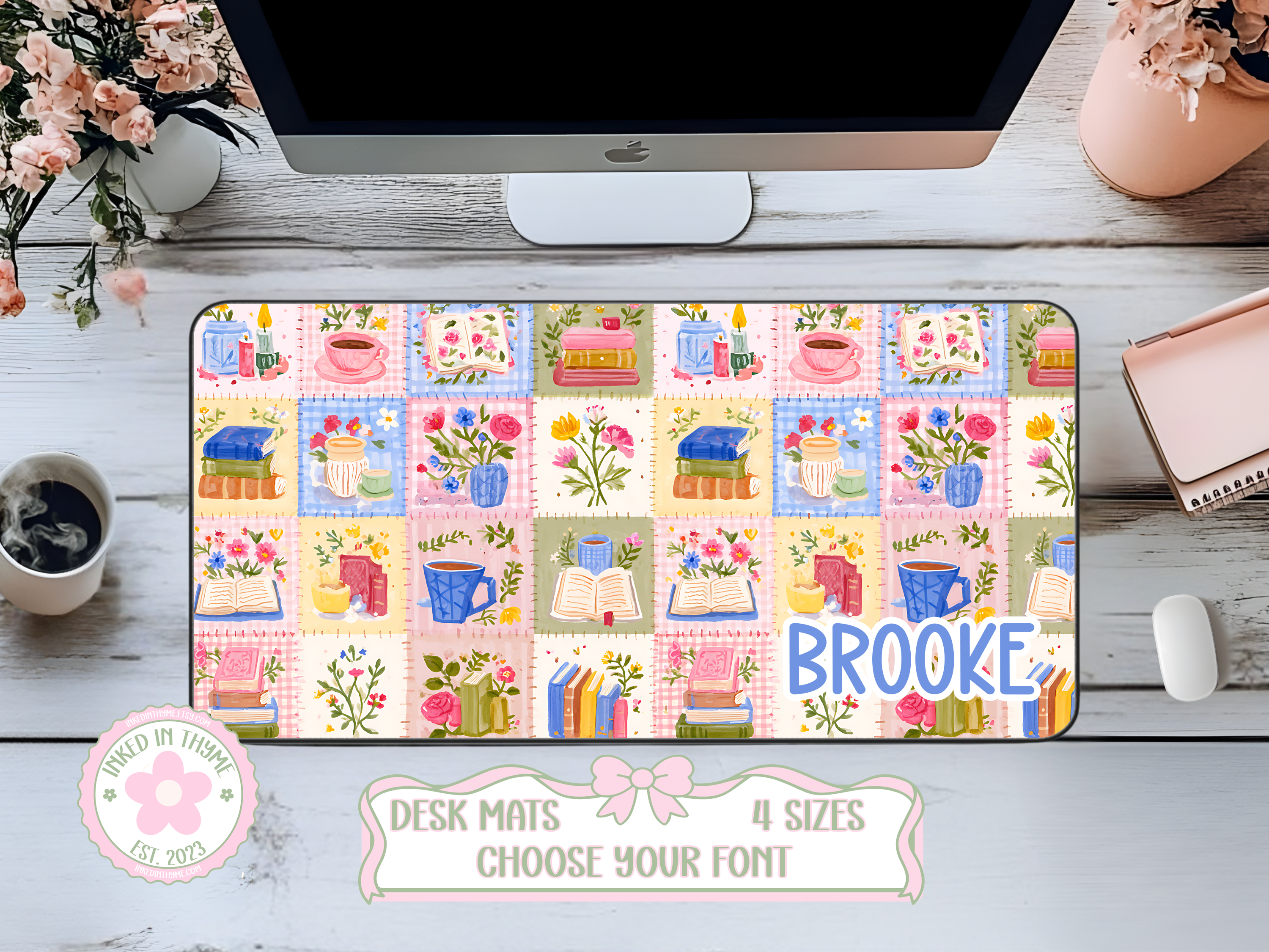 Custom Patchwork Bookish Desk Mat, Large Mousepad, Office Dorm Decor, Co Worker Teacher Gift, Home Office Desk Supplies
