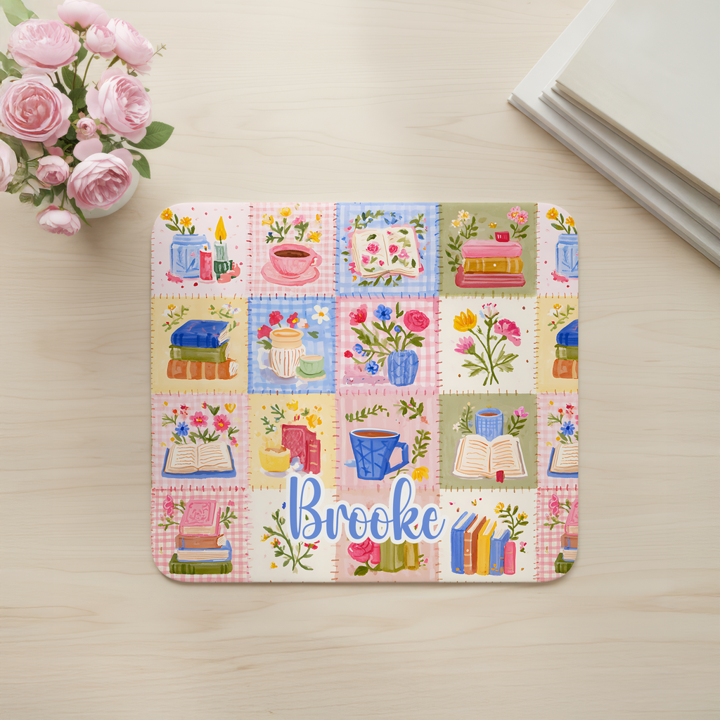 Custom Patchwork Bookish Desk Mat, Large Mousepad, Office Dorm Decor, Co Worker Teacher Gift, Home Office Desk Supplies
