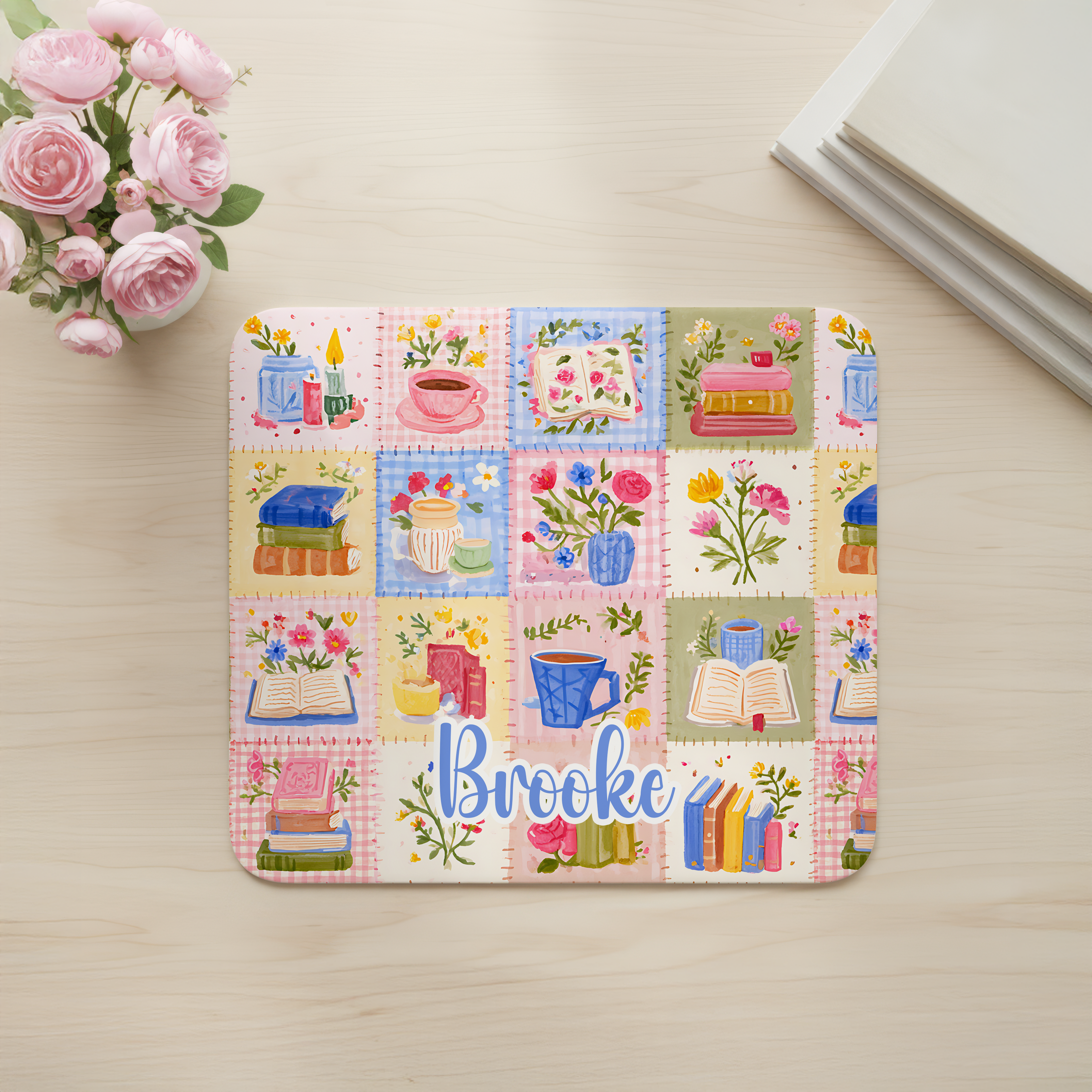 Custom Patchwork Bookish Desk Mat, Large Mousepad, Office Dorm Decor, Co Worker Teacher Gift, Home Office Desk Supplies