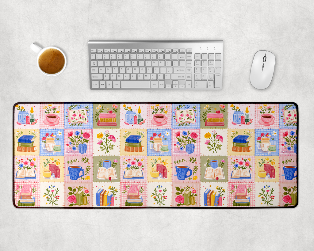 Custom Patchwork Bookish Desk Mat, Large Mousepad, Office Dorm Decor, Co Worker Teacher Gift, Home Office Desk Supplies