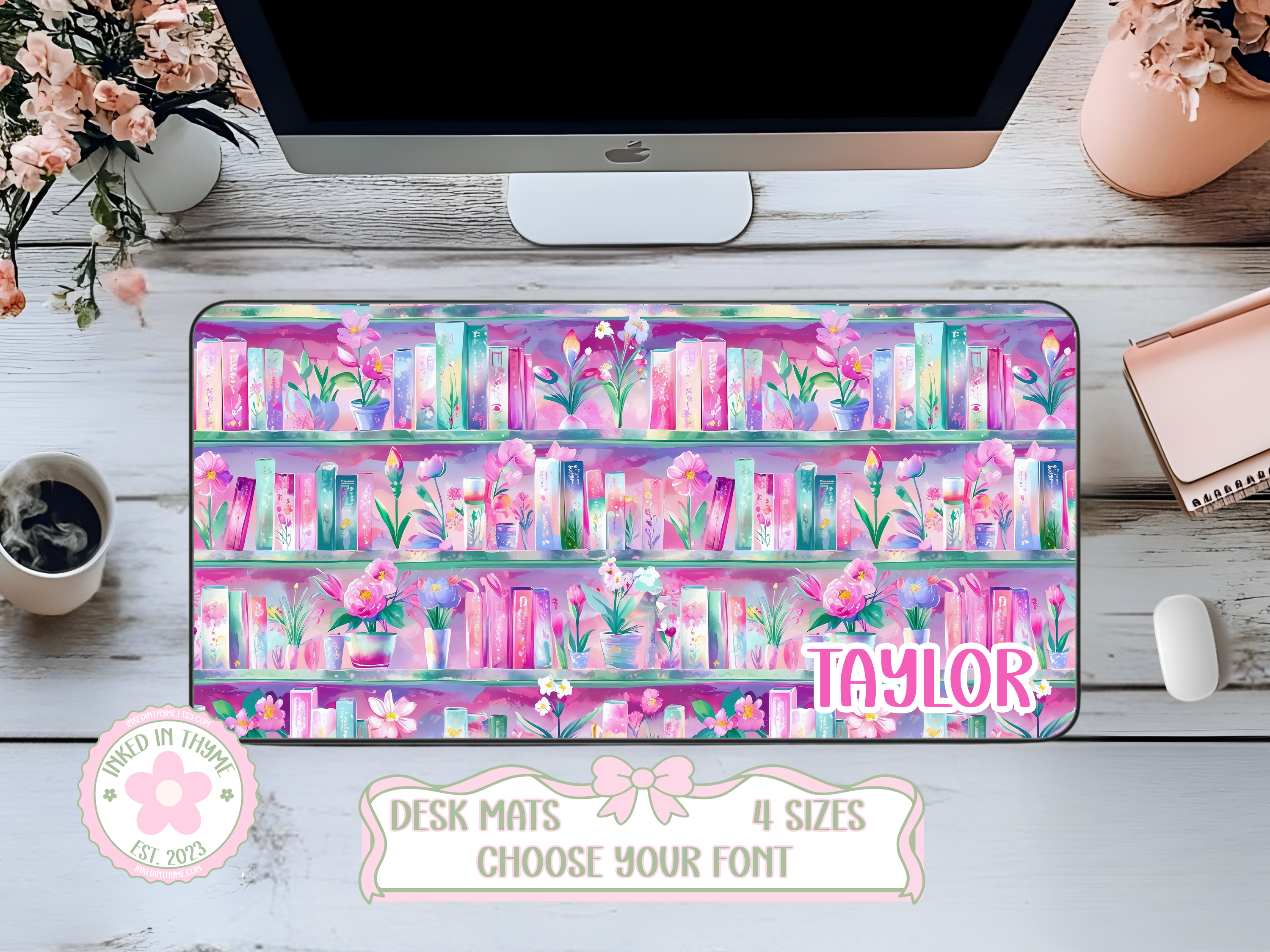 Custom Pink Watercolor Bookshelf Desk Mat, Large Mousepad, Office Dorm Decor, Co Worker Teacher Gift, Home Office Desk Supplies