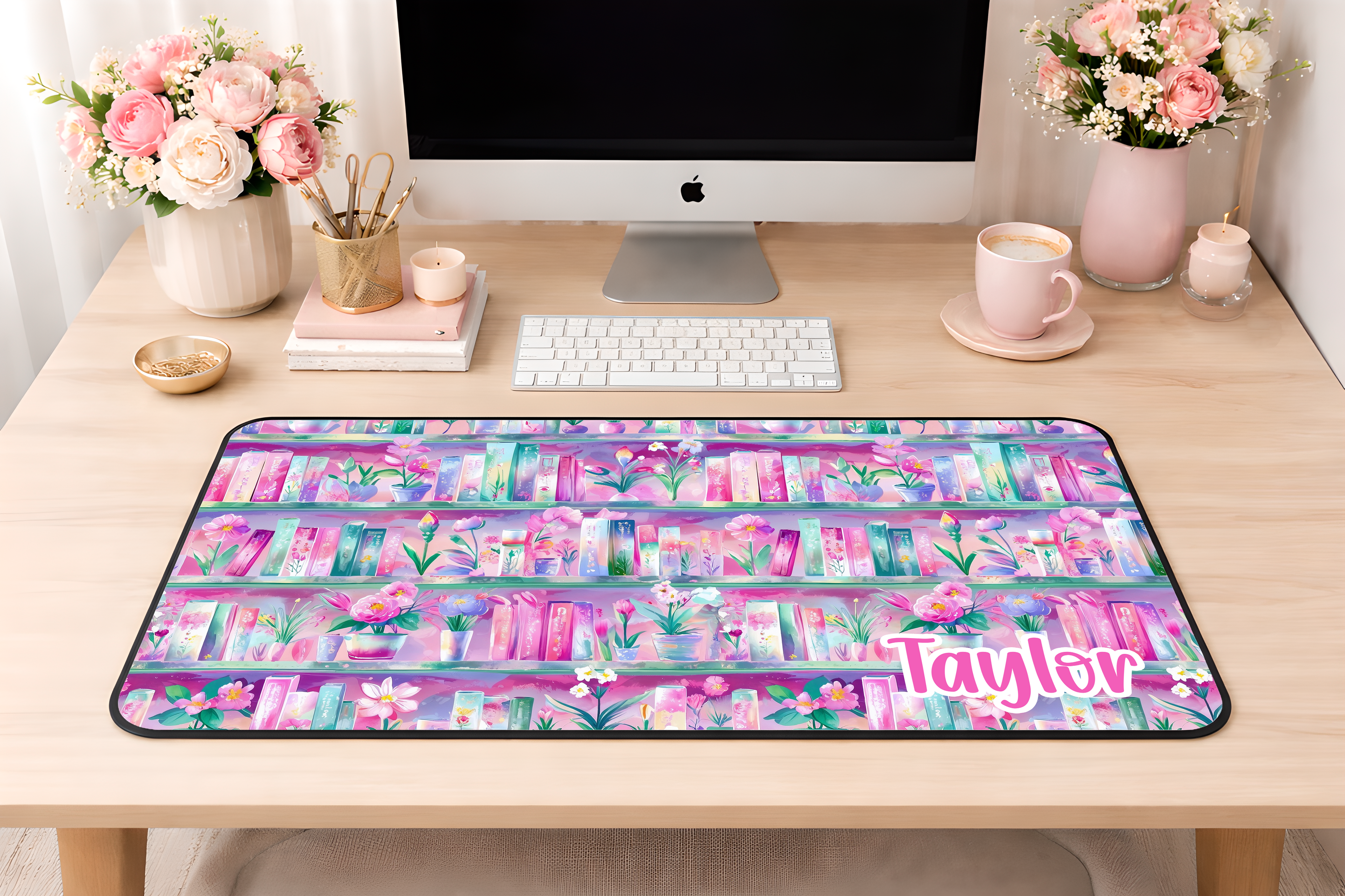 Custom Pink Watercolor Bookshelf Desk Mat, Large Mousepad, Office Dorm Decor, Co Worker Teacher Gift, Home Office Desk Supplies