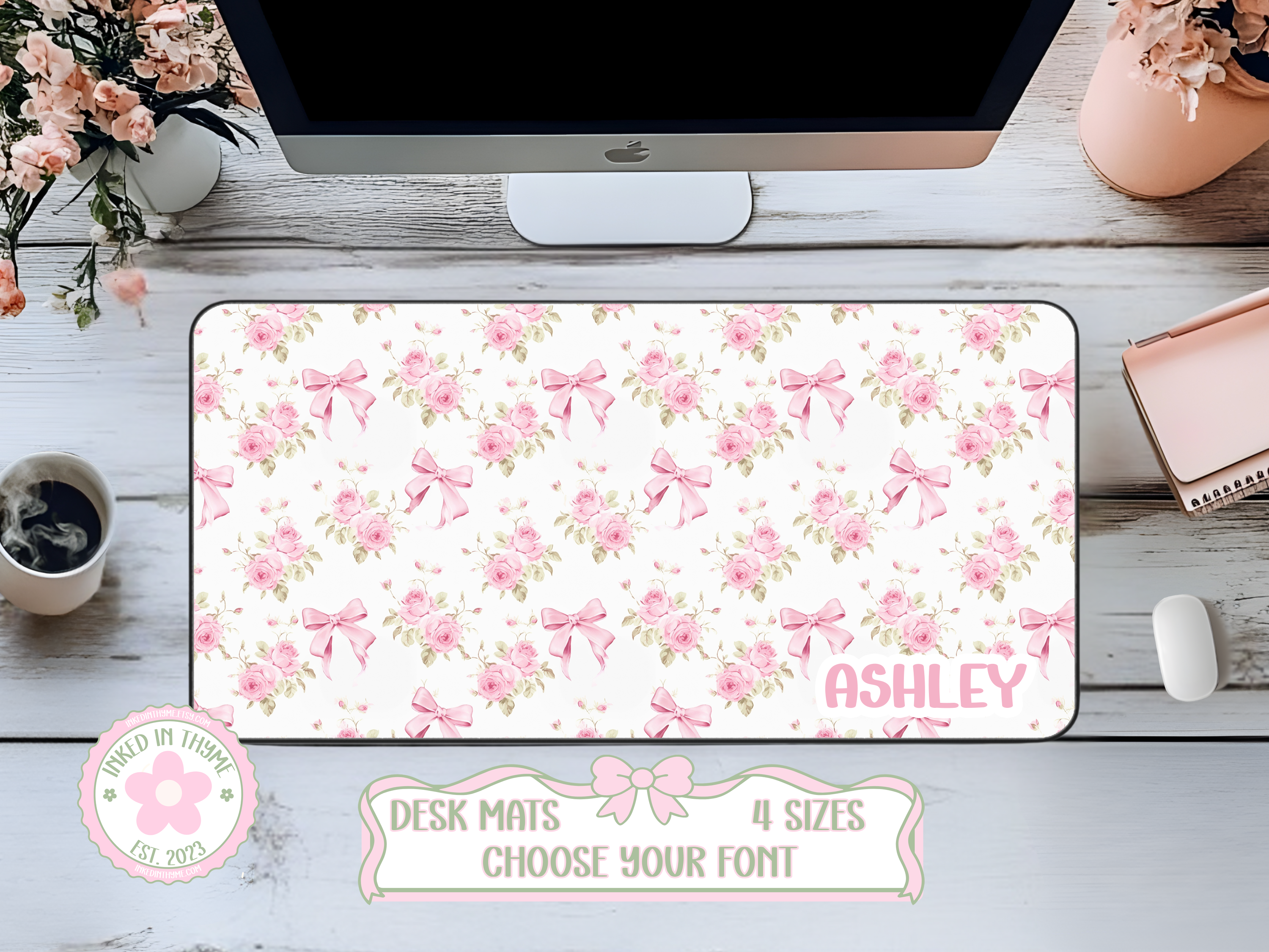 Custom Pink Floral Bows Desk Mat, Large Mousepad, Office Dorm Decor, Co Worker Teacher Gift, Home Office Desk Supplies