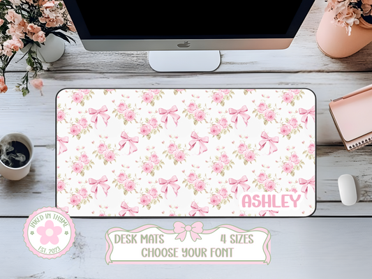 Custom Pink Floral Bows Desk Mat, Large Mousepad, Office Dorm Decor, Co Worker Teacher Gift, Home Office Desk Supplies