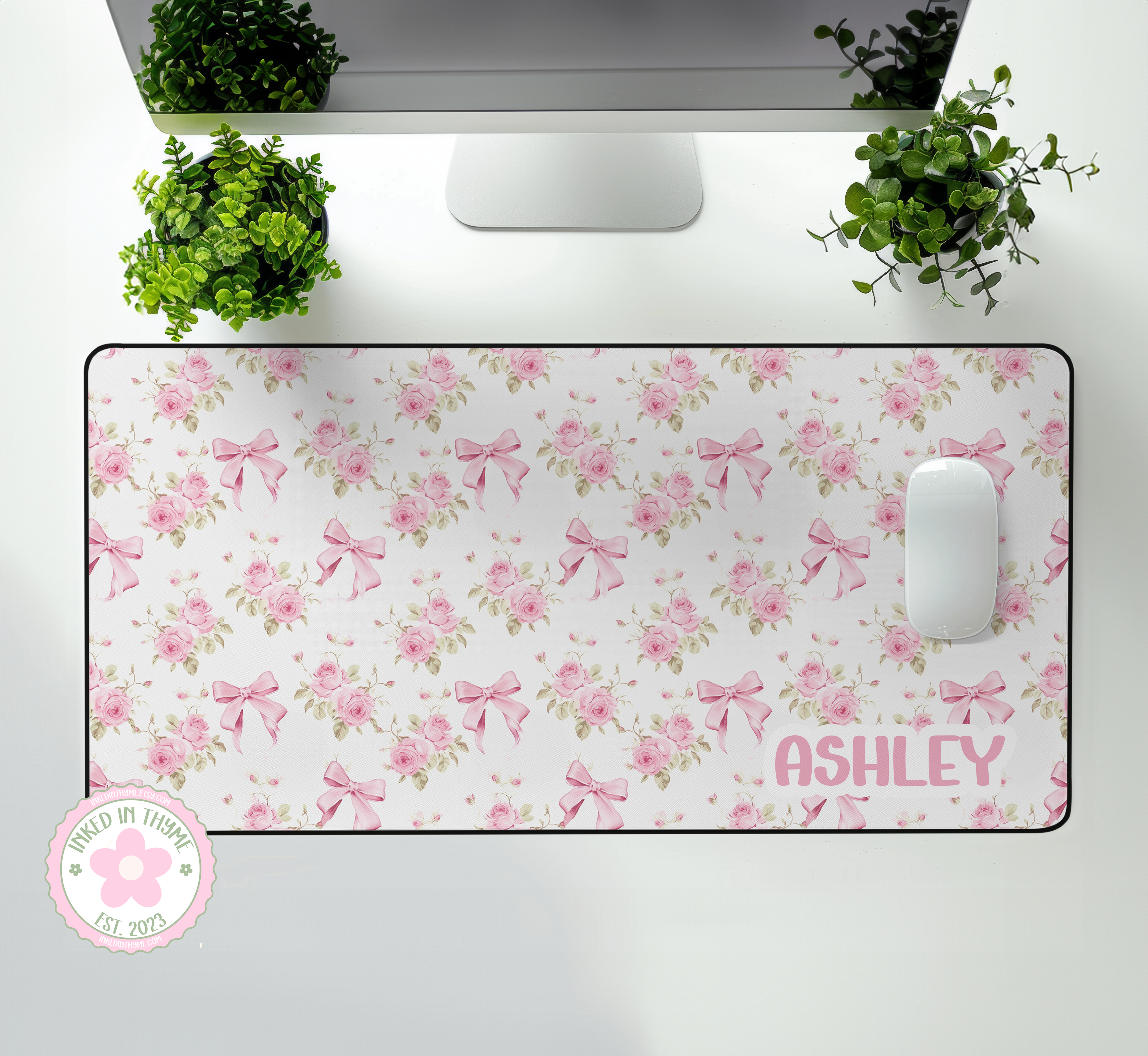 Custom Pink Floral Bows Desk Mat, Large Mousepad, Office Dorm Decor, Co Worker Teacher Gift, Home Office Desk Supplies