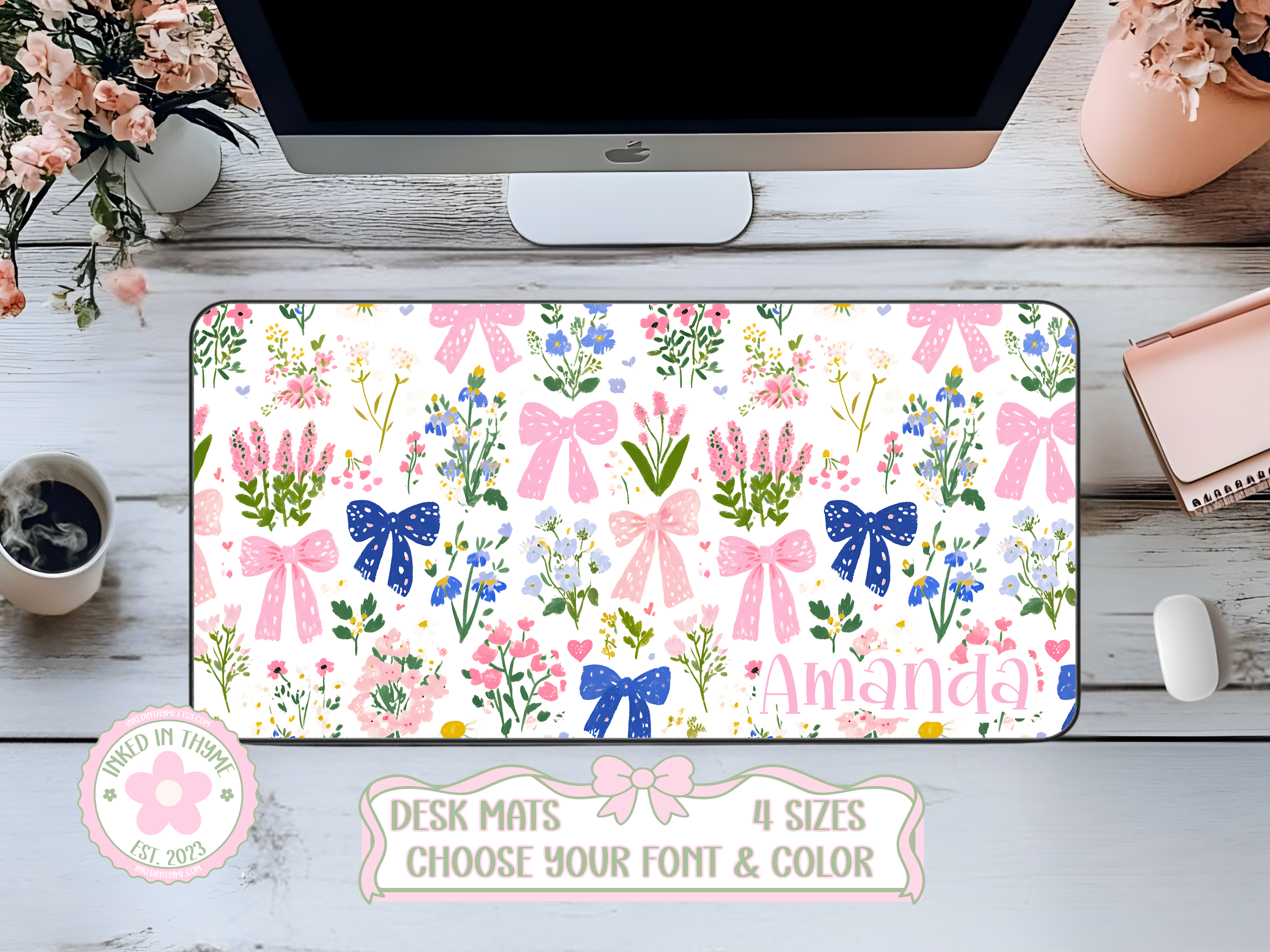 Custom Flowers Bows Desk Mat, Large Mousepad, Office Dorm Decor, Co Worker Teacher Gift, Home Office Desk Supplies