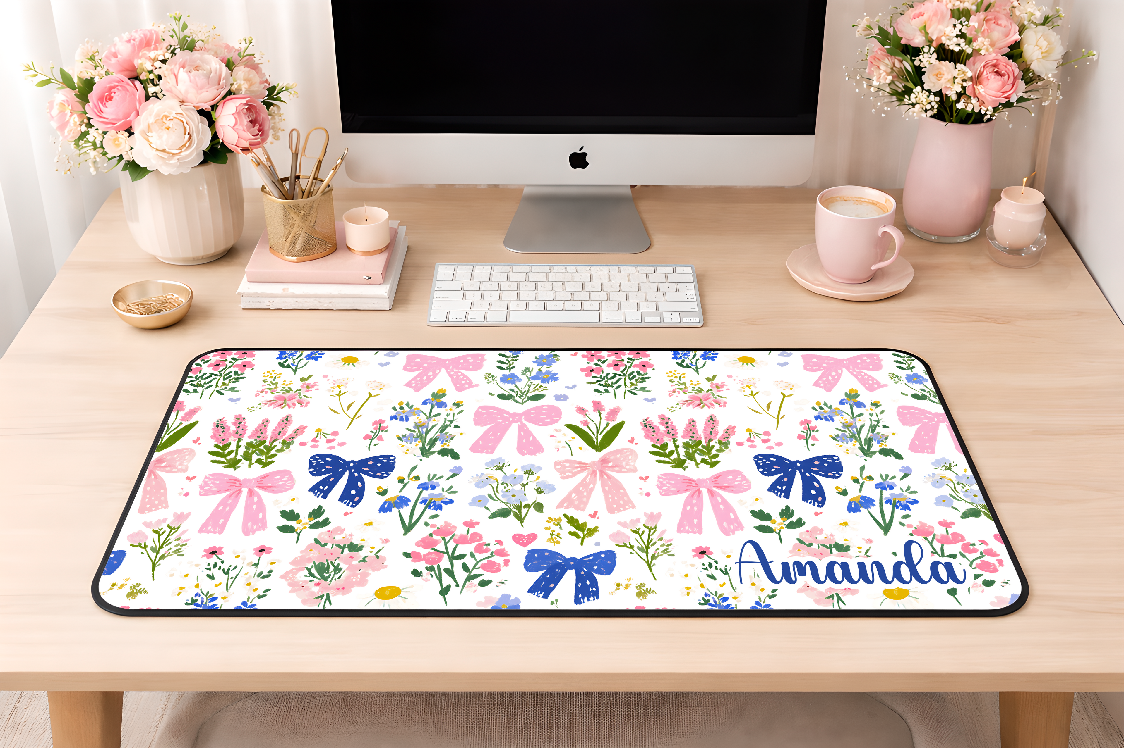 Custom Flowers Bows Desk Mat, Large Mousepad, Office Dorm Decor, Co Worker Teacher Gift, Home Office Desk Supplies
