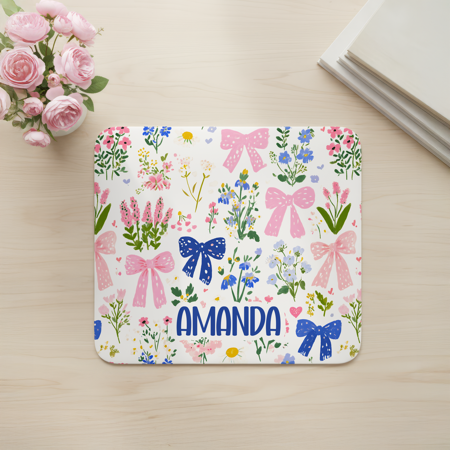Custom Flowers Bows Desk Mat, Large Mousepad, Office Dorm Decor, Co Worker Teacher Gift, Home Office Desk Supplies
