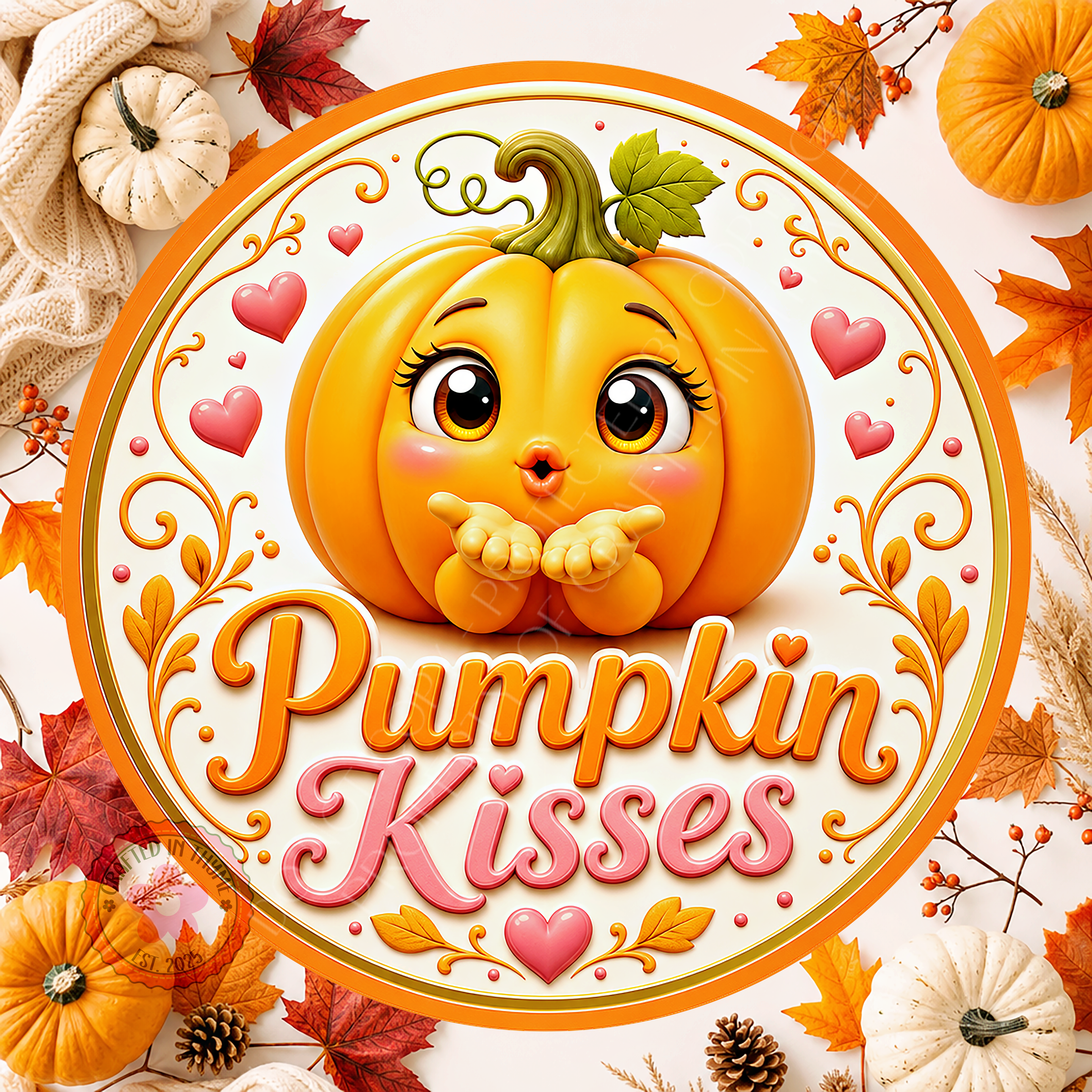 Pumpkin Kisses Wreath Sign, Round Metal Sign For Wreaths, Fall Halloween Wreath Attachment
