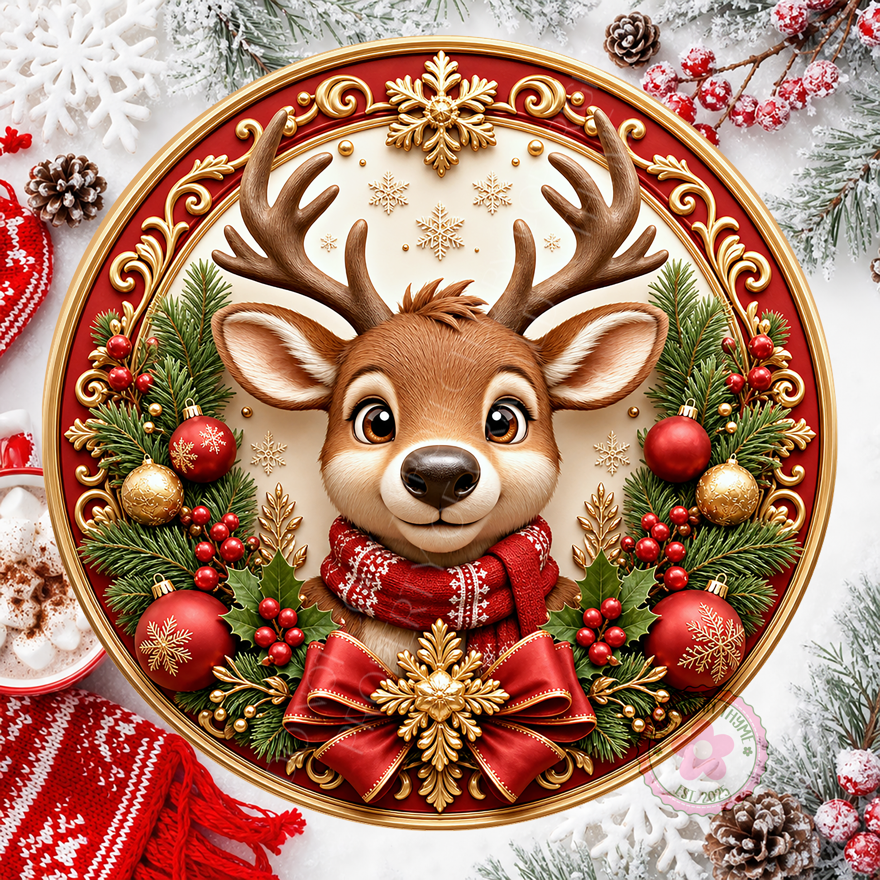 Reindeer Face Wreath Sign, Round Metal Sign For Wreaths, Christmas Holidays Wreath Attachment Insert