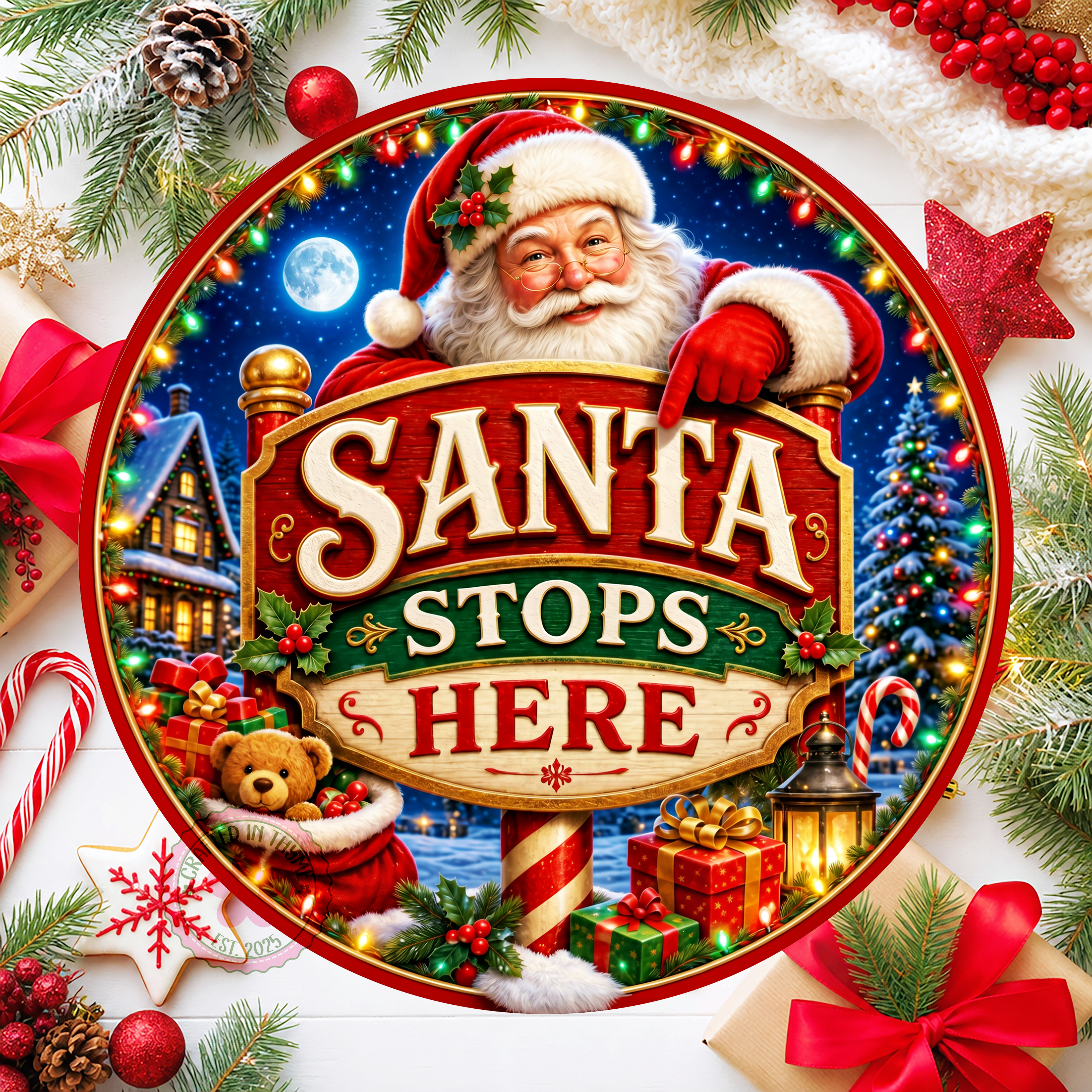 Santa Stops Here Wreath Sign: Round Metal Sign For Wreaths, Christmas Decor Gift