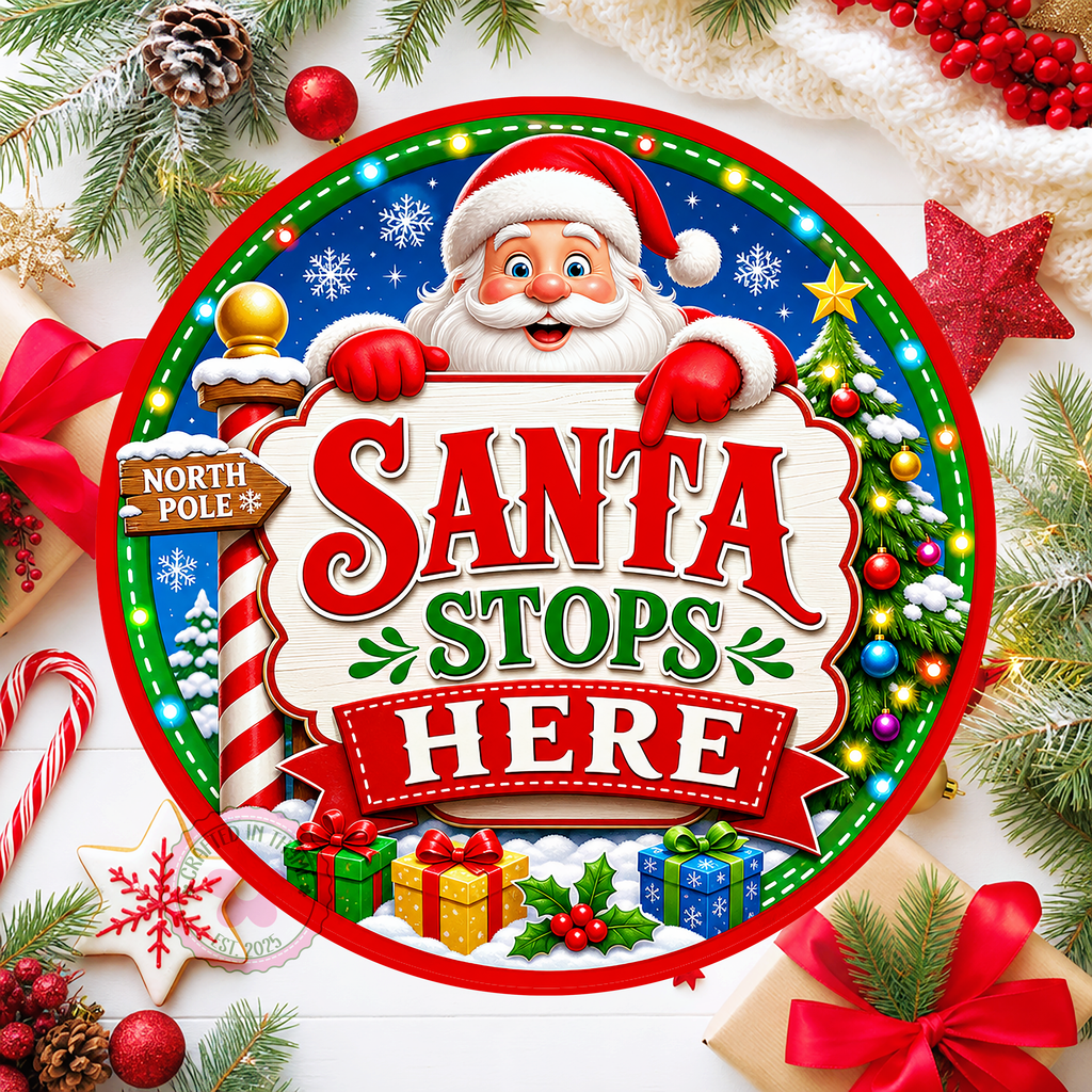 Santa Stops Here Wreath Sign: Round Metal Sign For Wreaths, Christmas Decor Gift