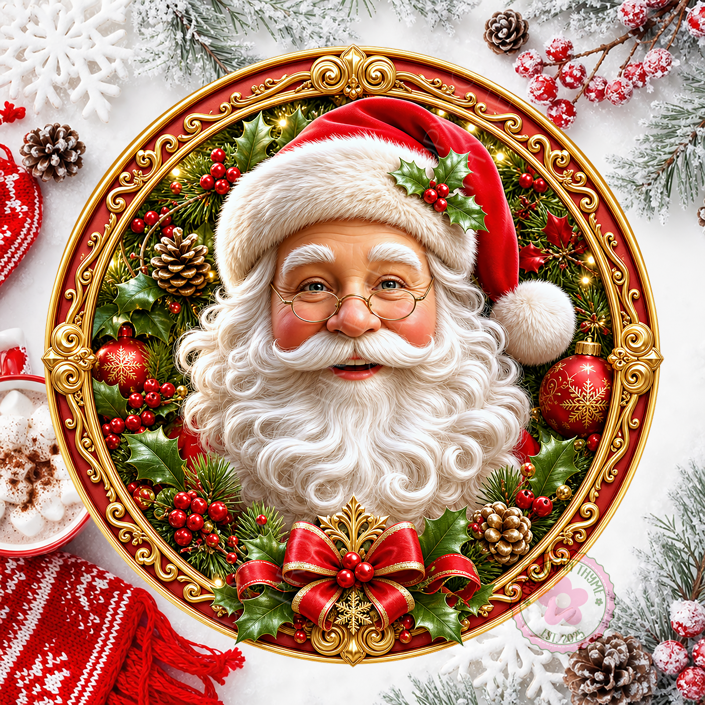 Santa Claus Face Wreath Sign, Round Metal Sign For Wreaths, Christmas Holidays Wreath Attachment Insert