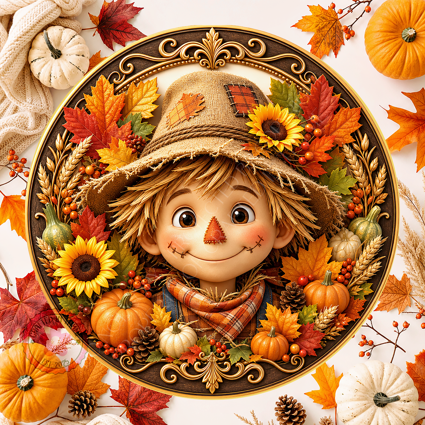 Scarecrow Boy Face Wreath Sign, Round Metal Sign For Wreaths, Halloween Wreath Attachment