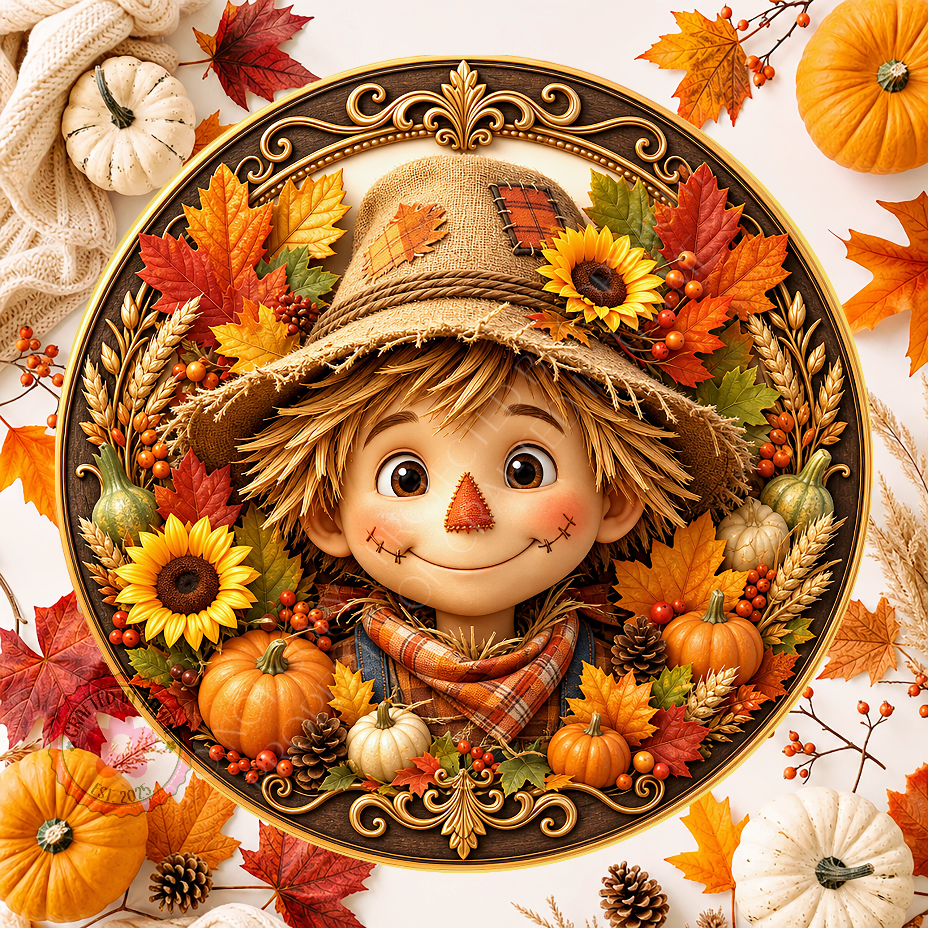 Scarecrow Boy Face Wreath Sign, Round Metal Sign For Wreaths, Halloween Wreath Attachment