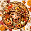 Scarecrow Girl Face Wreath Sign, Round Metal Sign For Wreaths, Halloween Wreath Attachment