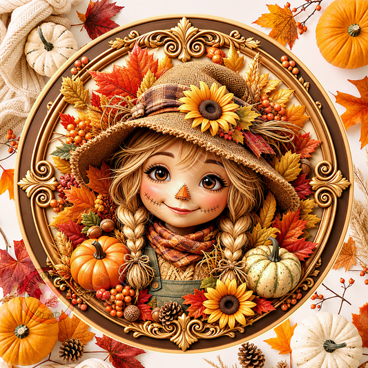Scarecrow Girl Face Wreath Sign, Round Metal Sign For Wreaths, Halloween Wreath Attachment
