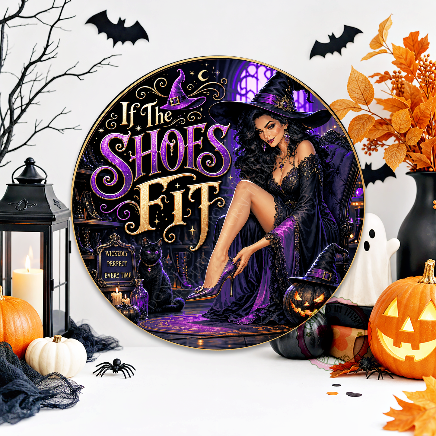 If The Shoes Fit Wreath Sign, Round Metal Sign For Wreaths, Witch Halloween Wreath Attachment