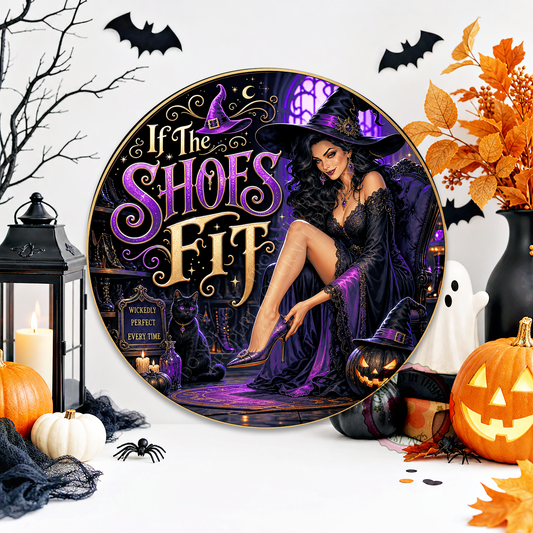 If The Shoes Fit Wreath Sign, Round Metal Sign For Wreaths, Witch Halloween Wreath Attachment