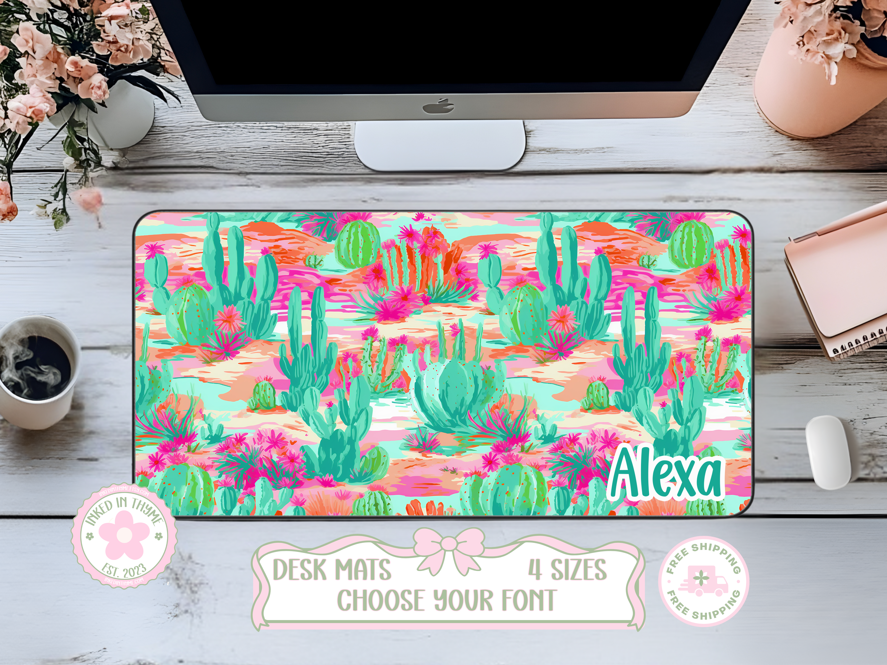Custom Cactus Desk Mat, Large Mousepad, Office Dorm Decor, Co Worker Teacher Gift, Home Office Desk Supplies