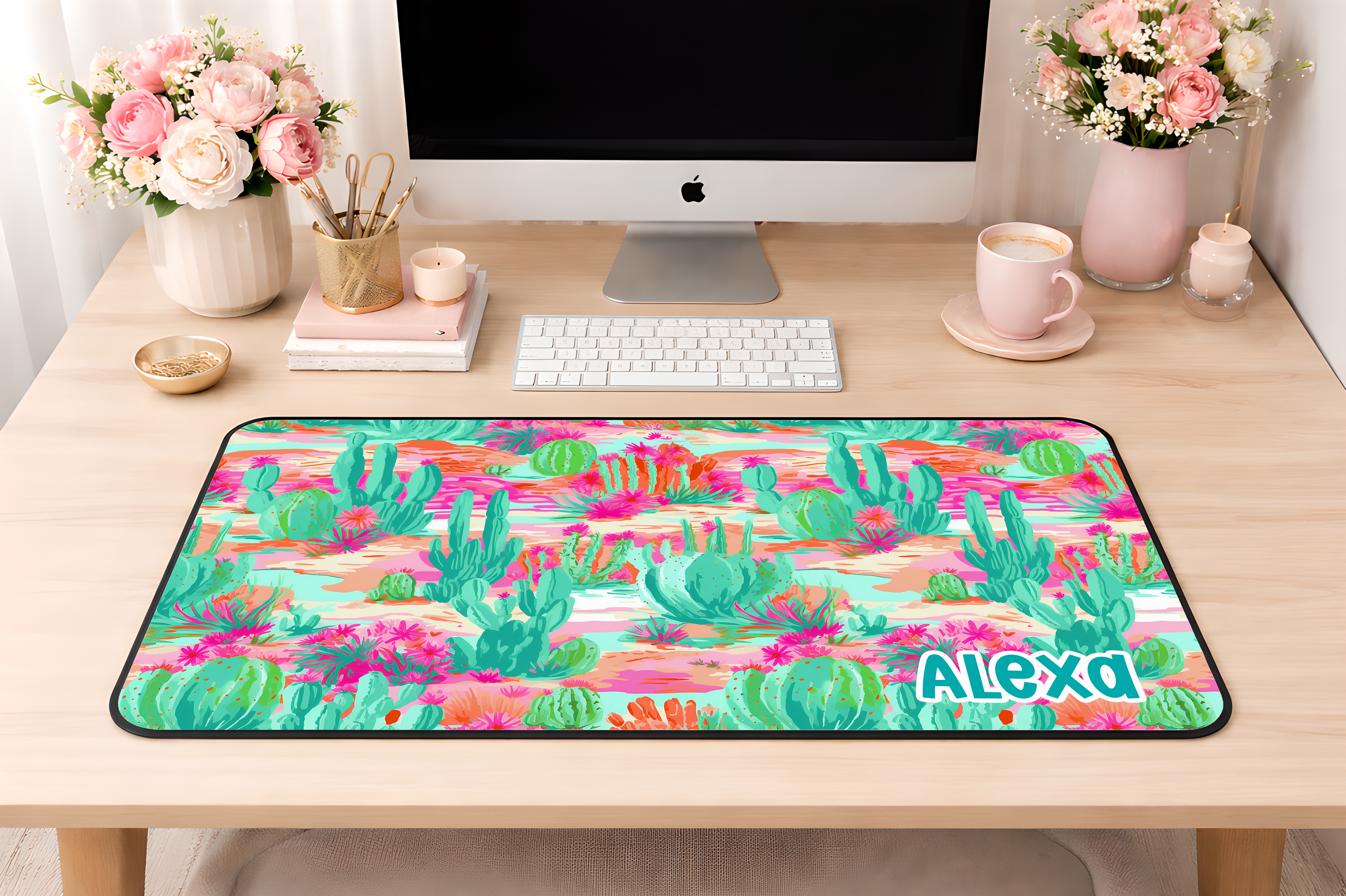 Custom Cactus Desk Mat, Large Mousepad, Office Dorm Decor, Co Worker Teacher Gift, Home Office Desk Supplies