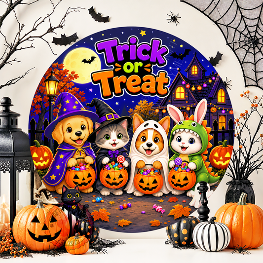 Trick or Treat Wreath Sign, Round Metal Sign For Wreaths, Halloween Wreath Attachment