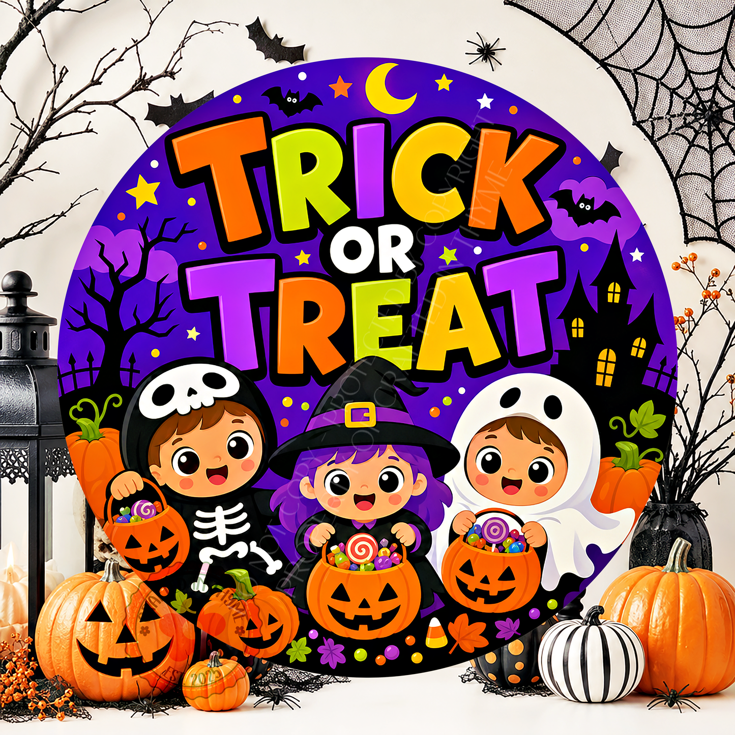 Trick or Treat Wreath Sign, Round Metal Sign For Wreaths, Halloween Wreath Attachment