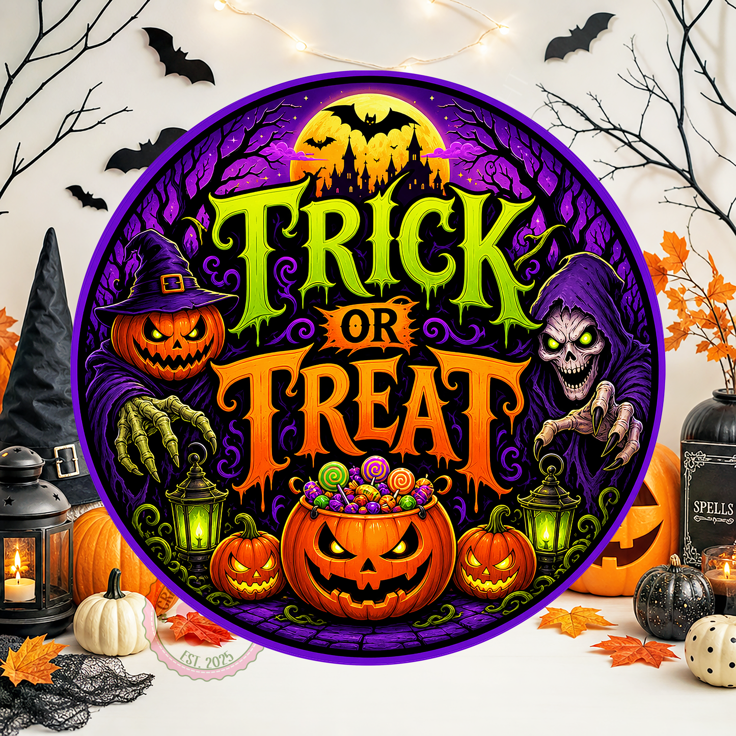 Trick or Treat Wreath Sign, Round Metal Sign For Wreaths, Halloween Wreath Attachment