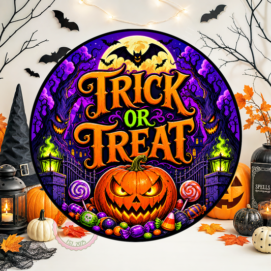 Trick or Treat Wreath Sign, Round Metal Sign For Wreaths, Halloween Wreath Attachment