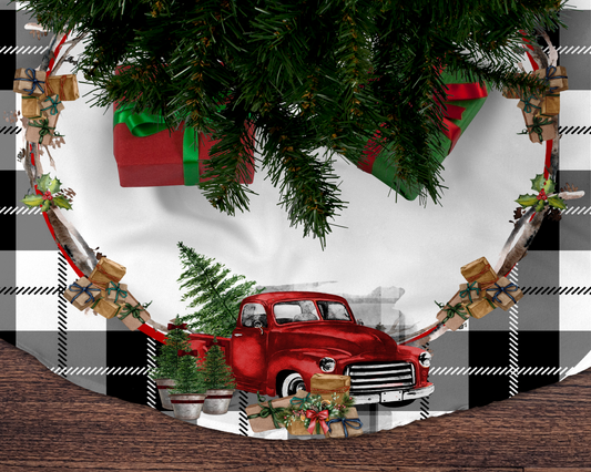 Buffalo Plaid Rustic Christmas Red Truck Tree Skirt, Rustic Holiday Decor, Farmhouse Style, Tree Decoration, Winter Wonderland