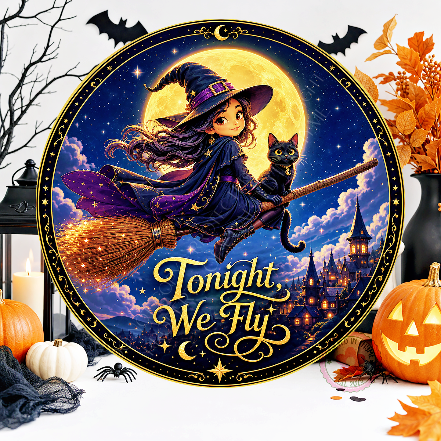 Tonight We Fly Witch Wreath Sign, Round Metal Sign For Wreaths, Halloween Wreath Attachment