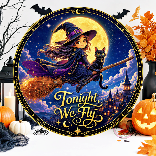 Tonight We Fly Witch Wreath Sign, Round Metal Sign For Wreaths, Halloween Wreath Attachment