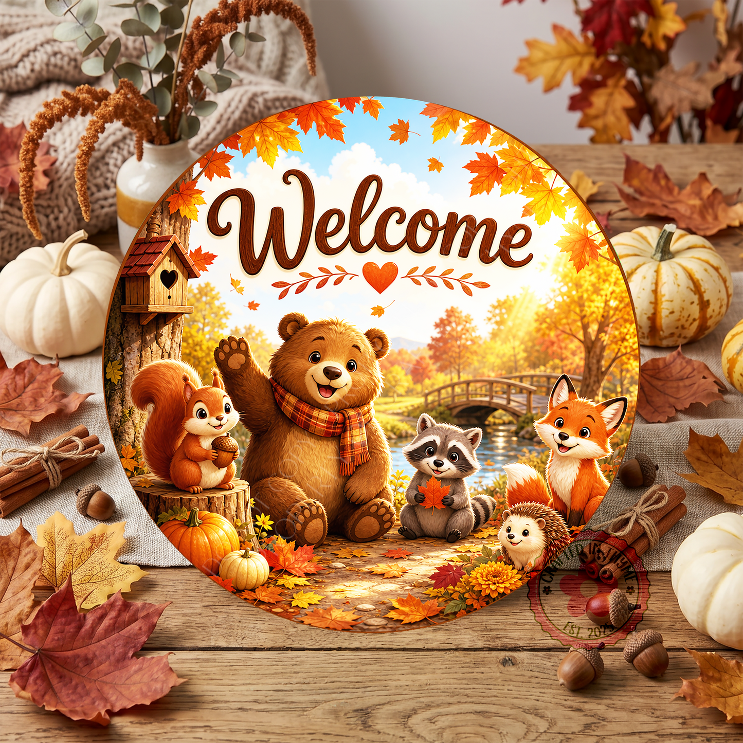 Welcome Wreath Sign, Round Metal Sign For Wreaths, Wreath Attachment, Woodland Animals Fall Wreath Sign