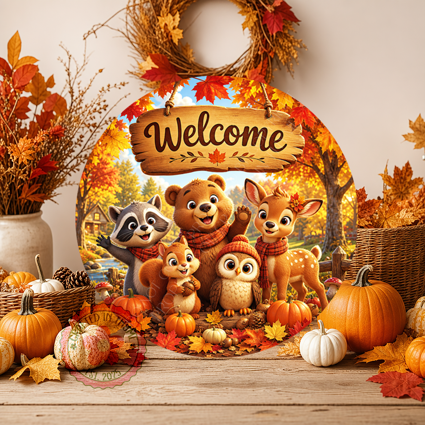 Welcome Wreath Sign, Round Metal Sign For Wreaths, Wreath Attachment, Woodland Animals Fall Wreath Sign